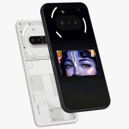 Krishna Divine Embrace Glass Case displayed in angled mockup highlighting divine Krishna illustration with spiritual aesthetic.