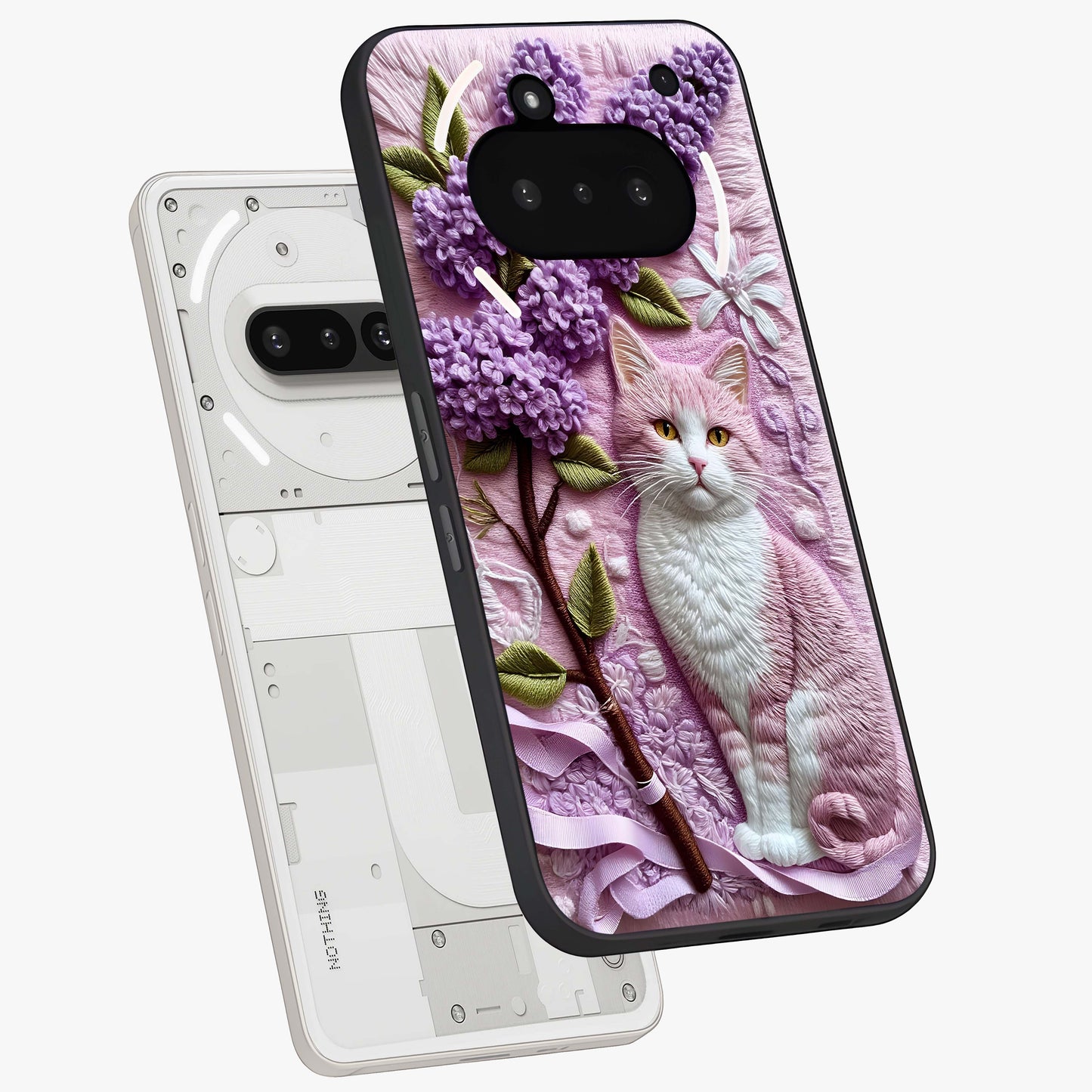 Lavender Cat Whimsy Glass Case displayed in angled mockup highlighting playful feline illustration with pastel lavender aesthetic.