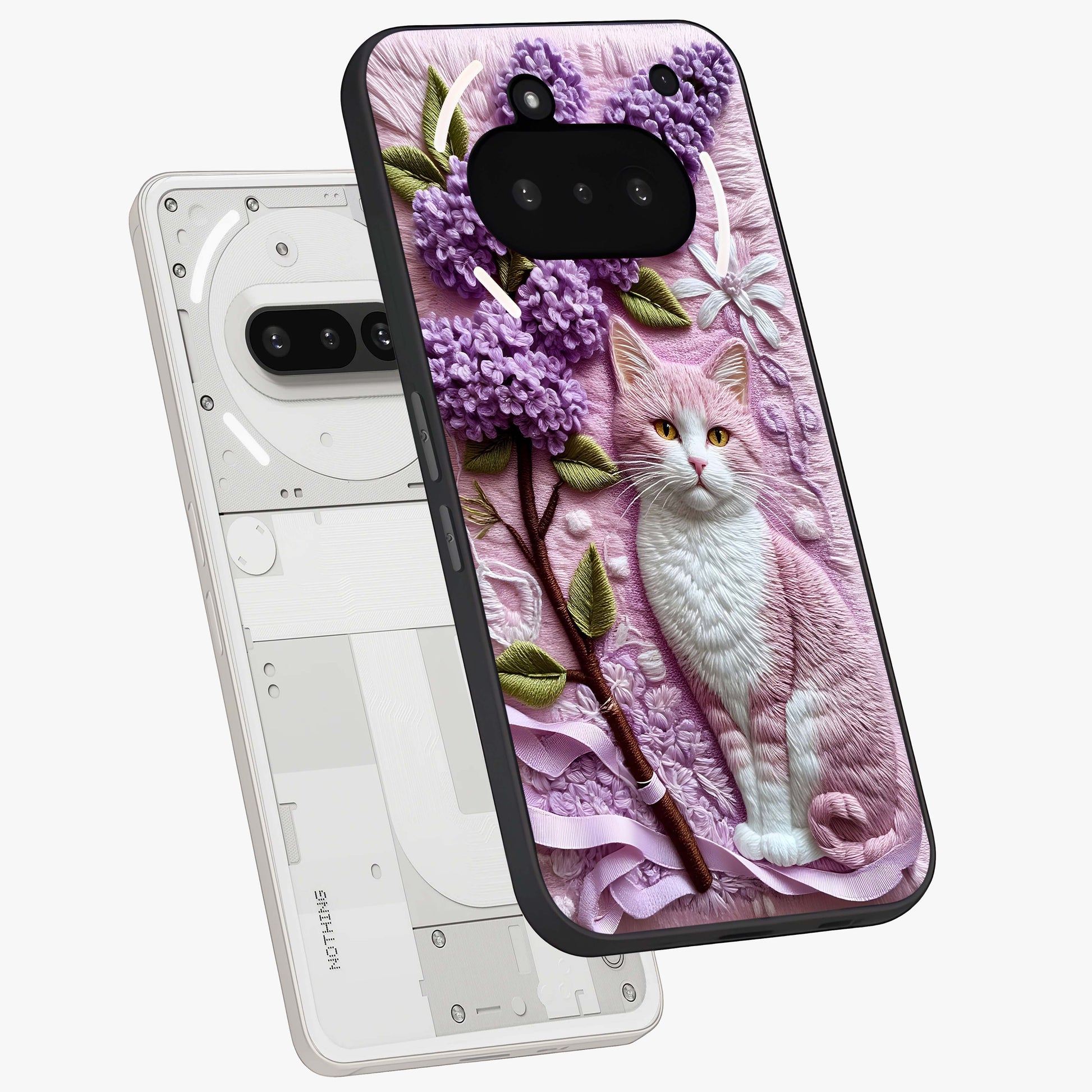 Lavender Cat Whimsy Glass Case displayed in angled mockup highlighting playful feline illustration with pastel lavender aesthetic.