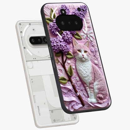 Lavender Cat Whimsy Glass Case displayed in angled mockup highlighting playful feline illustration with pastel lavender aesthetic.