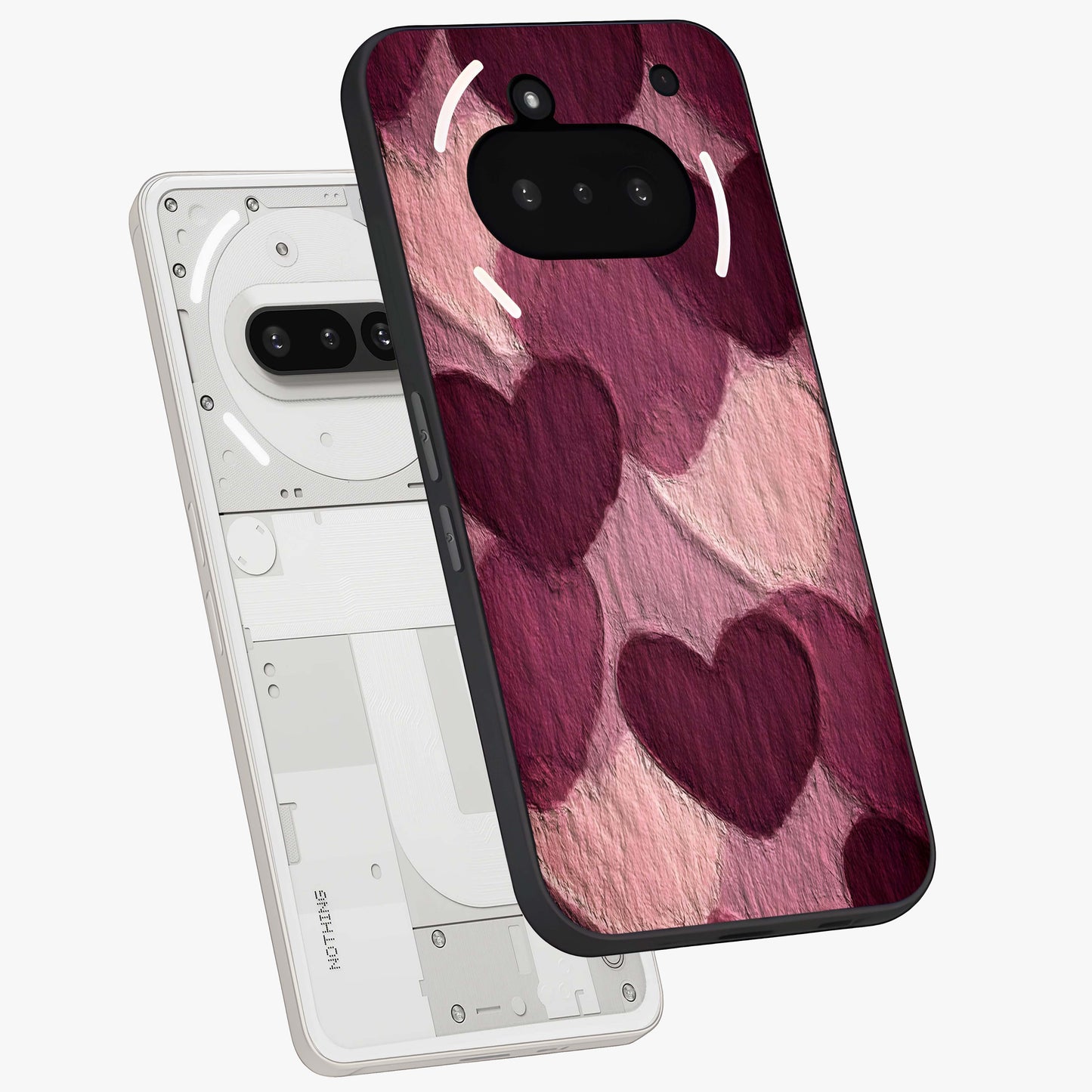 Layered Paper Hearts Glass Case displayed in angled mockup highlighting creative paper craft heart design with romantic aesthetic.