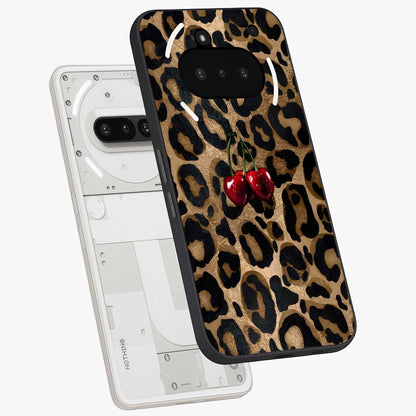 Leopard Wild Cherry Glass Case displayed in angled mockup highlighting bold animal print design with playful cherry aesthetic.