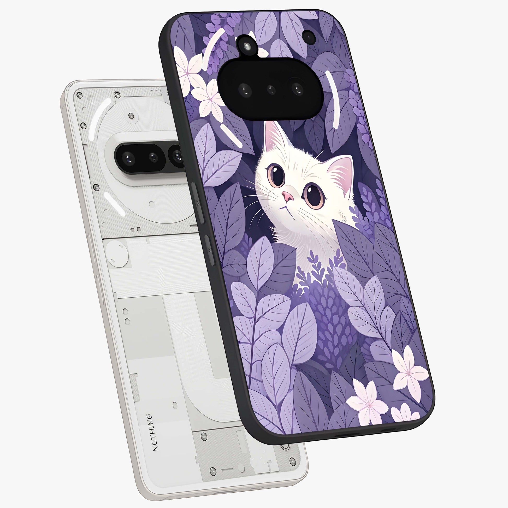 Lilac Hide Peek Cat Glass Case displayed in angled mockup highlighting playful feline illustration with lilac aesthetic design.