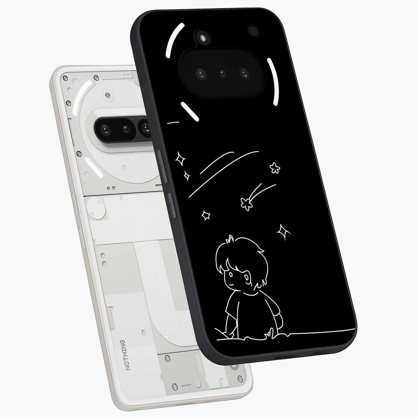 Line Art Boy With Shooting Stars Glass Case displayed in angled mockup highlighting elegant line art design with dreamy star aesthetic.