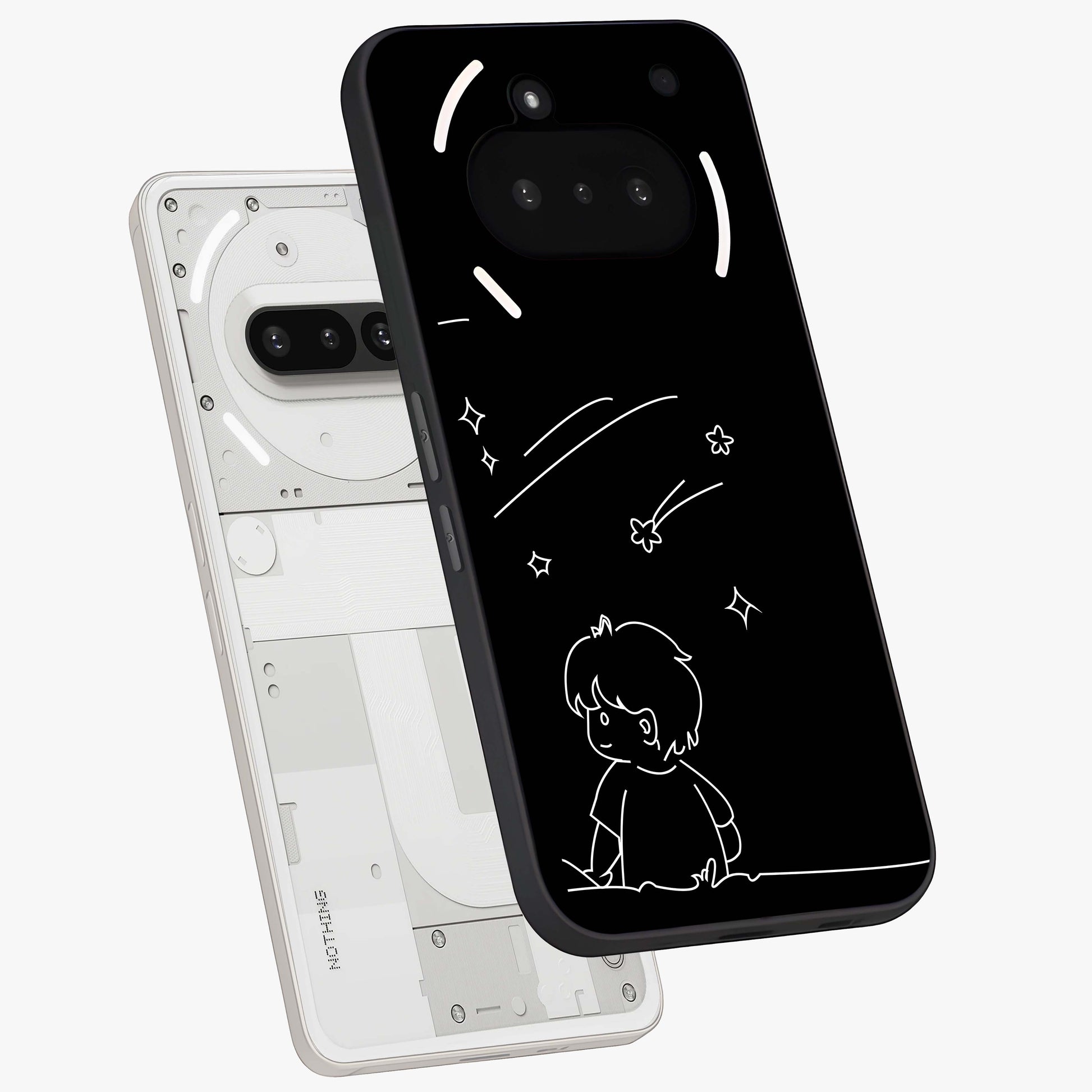 Line Art Boy With Shooting Stars Glass Case displayed in angled mockup highlighting elegant line art design with dreamy star aesthetic.