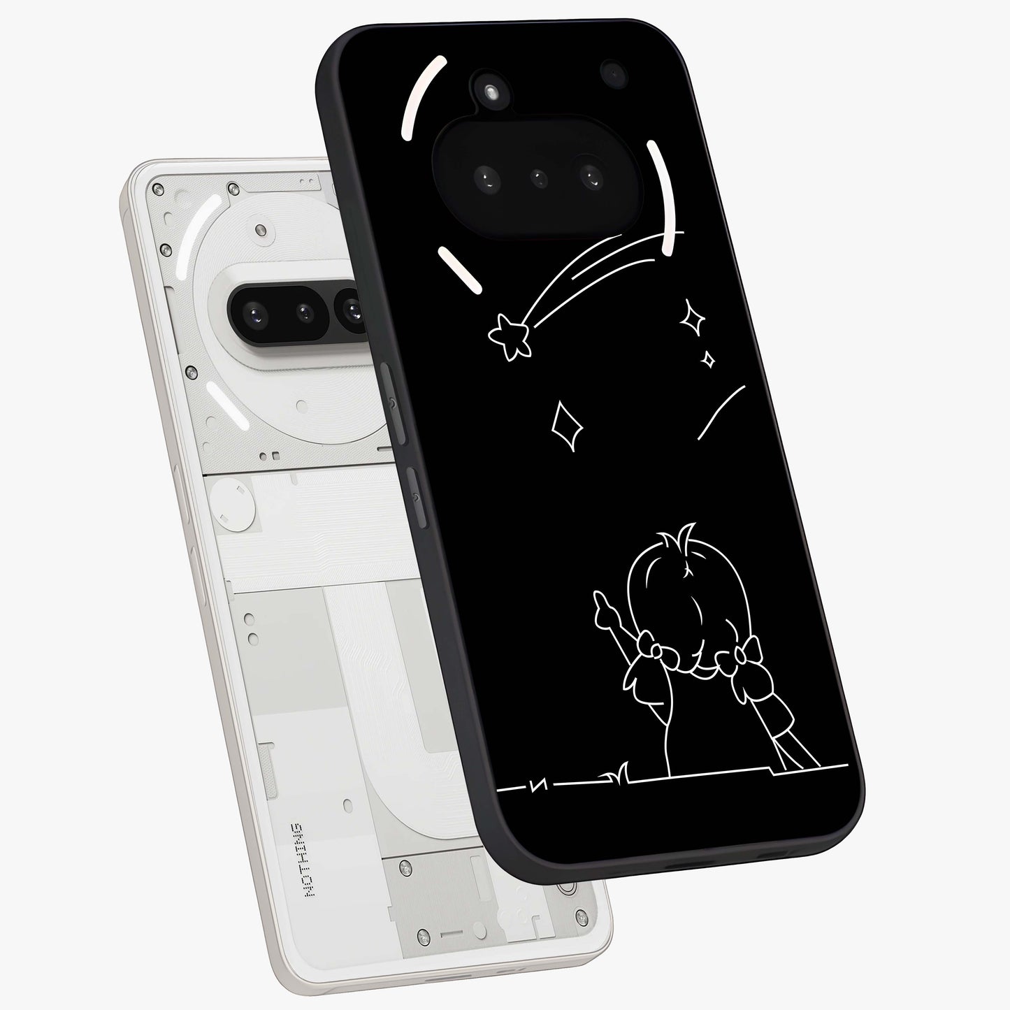 Line Art Girl With Shooting Stars Glass Case displayed in angled mockup highlighting elegant line art design with dreamy star aesthetic.