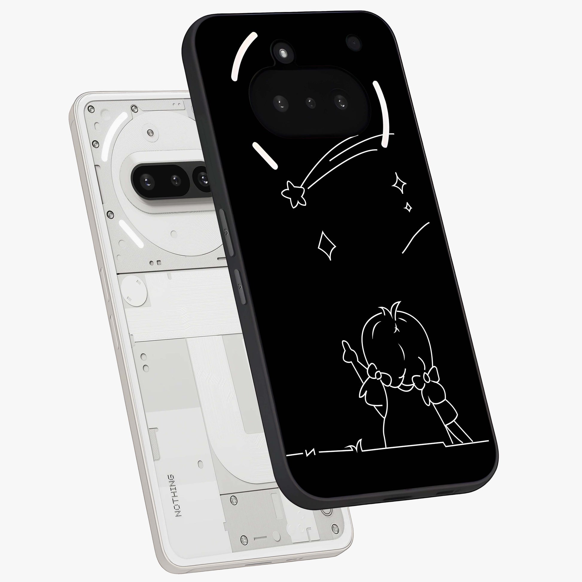 Line Art Girl With Shooting Stars Glass Case displayed in angled mockup highlighting elegant line art design with dreamy star aesthetic.