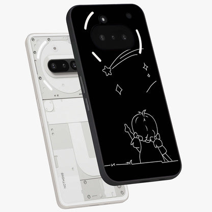 Line Art Girl With Shooting Stars Glass Case displayed in angled mockup highlighting elegant line art design with dreamy star aesthetic.