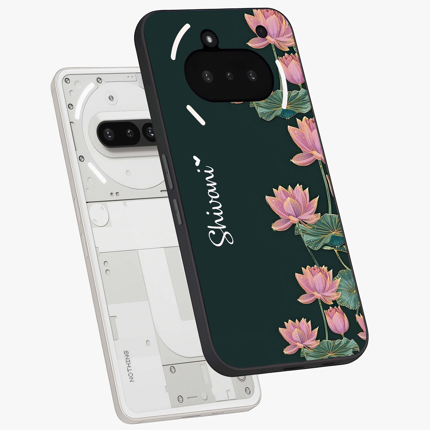 Lotus Bloom Serenity Custom Name Glass Case displayed in angled mockup highlighting graceful lotus illustration with custom name feature.