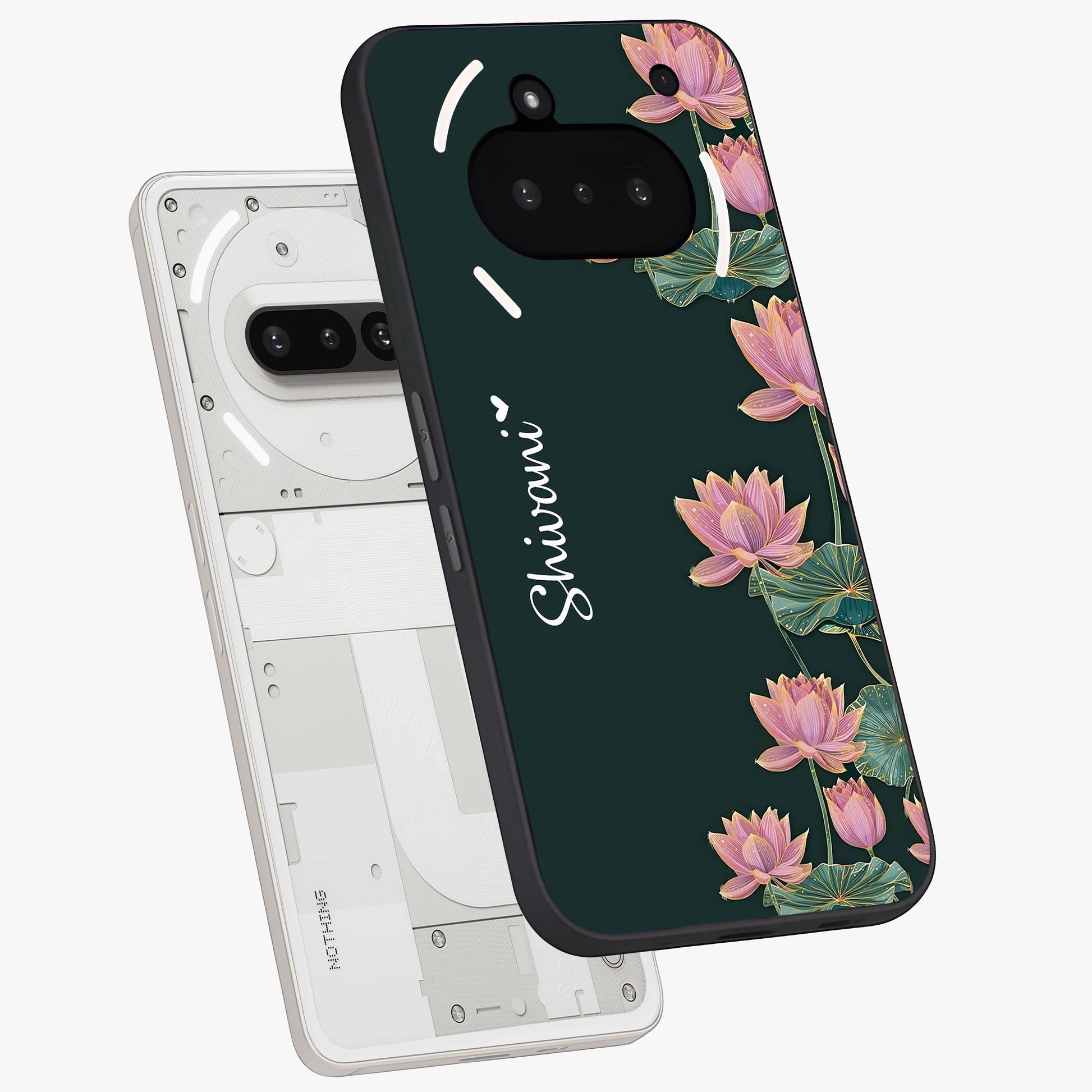 Lotus Bloom Serenity Custom Name Glass Case displayed in angled mockup highlighting graceful lotus illustration with custom name feature.