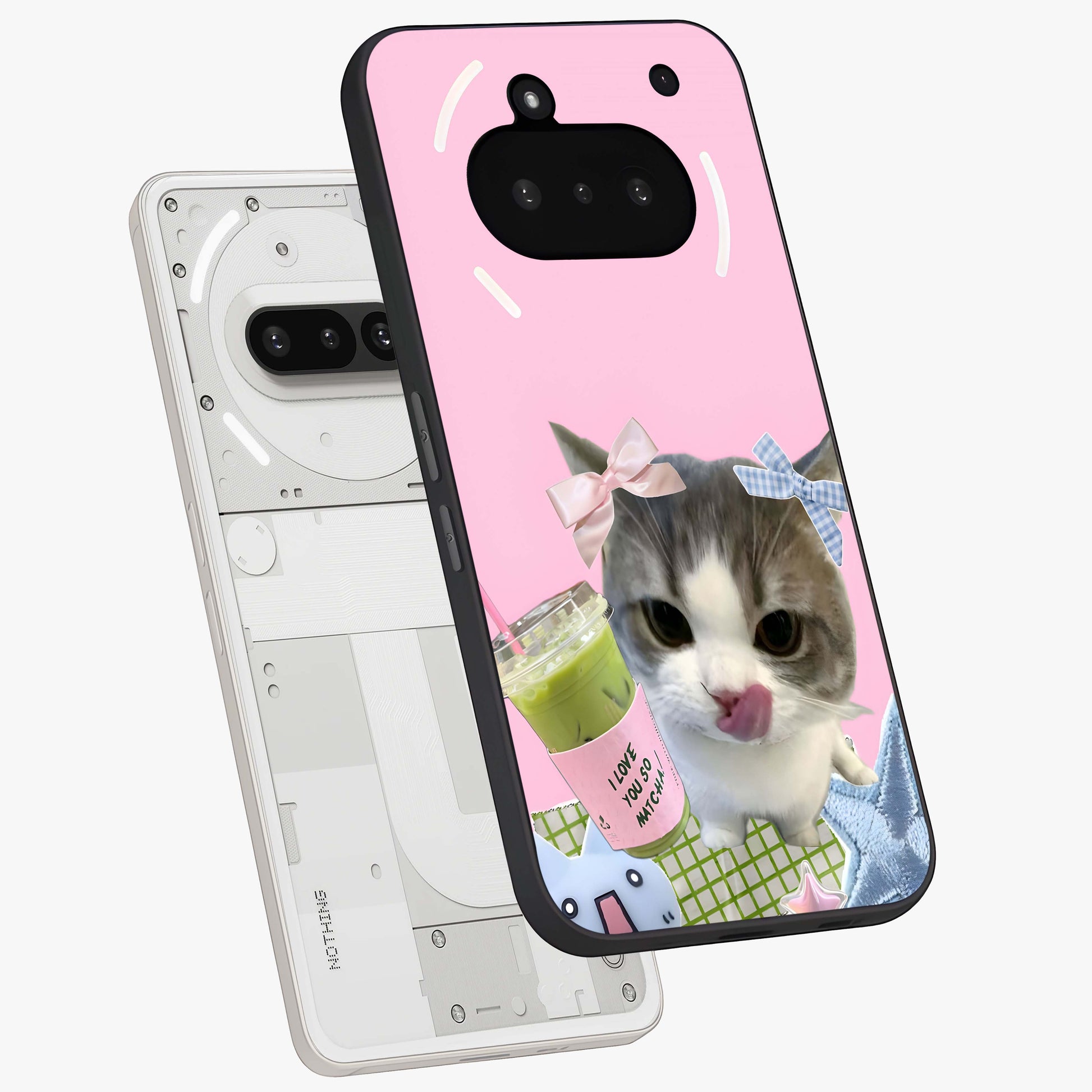 Love Matcha Cat Glass Case displayed in angled mockup highlighting playful feline illustration with cozy matcha aesthetic.