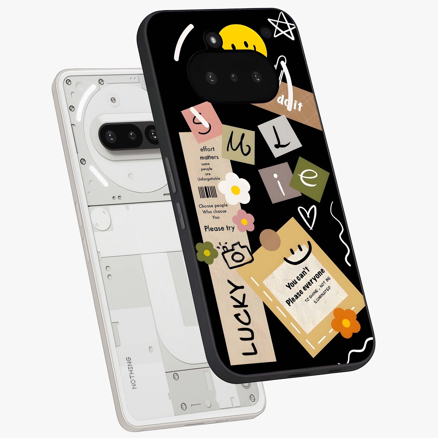 Lucky Aesthetic Collage Glass Case displayed in angled mockup highlighting stylish collage pattern with modern aesthetic vibe.