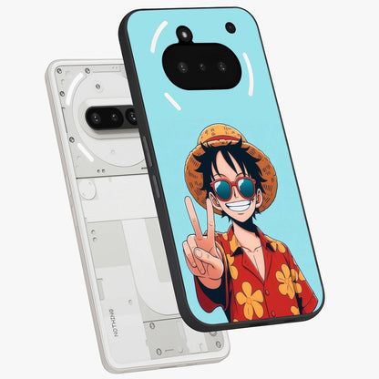 Luffy Summer Anime Vibe Glass Case displayed in angled mockup highlighting energetic anime illustration with summer vibe aesthetic.