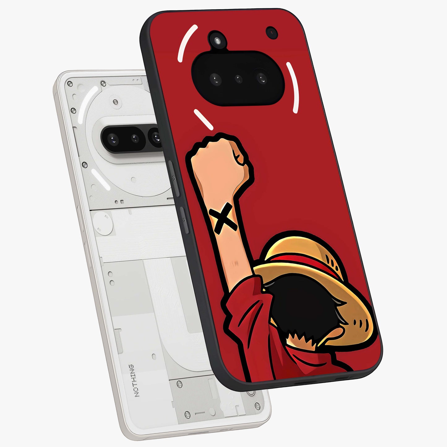 Luffy X Spirit Glass Case displayed in angled mockup highlighting powerful anime design with energetic action aesthetic.