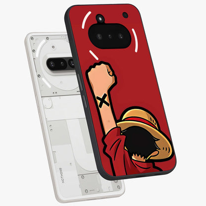 Luffy X Spirit Glass Case displayed in angled mockup highlighting powerful anime design with energetic action aesthetic.