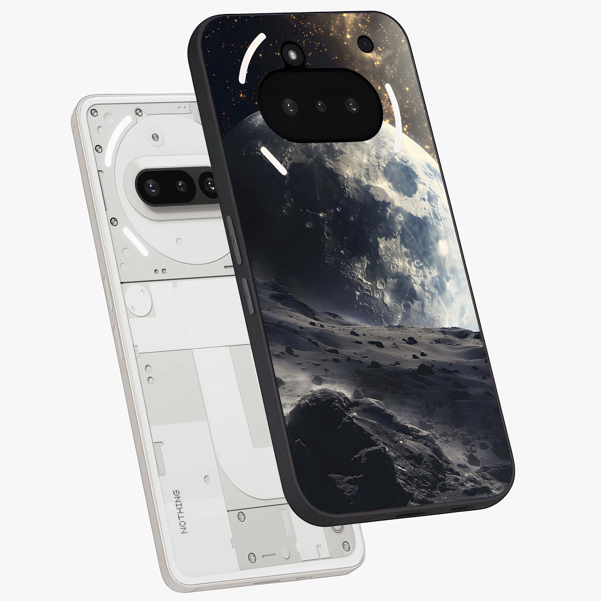 Lunar Horizon Glow Glass Case displayed in angled mockup highlighting celestial moon design with dreamy night aesthetic.