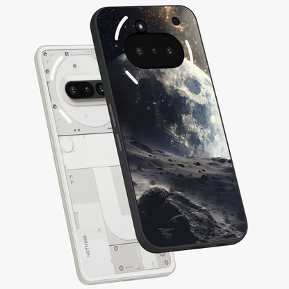 Lunar Horizon Glow Glass Case displayed in angled mockup highlighting celestial moon design with dreamy night aesthetic.