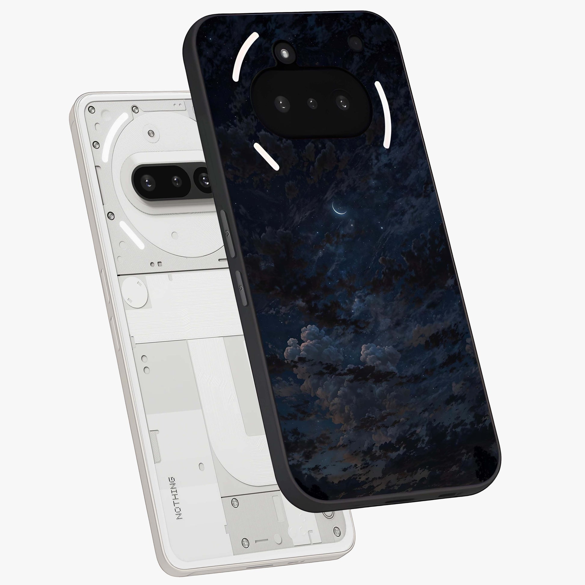 Lunar Veil Silence Glass Case displayed in angled mockup highlighting soft lunar design with peaceful celestial aesthetic.