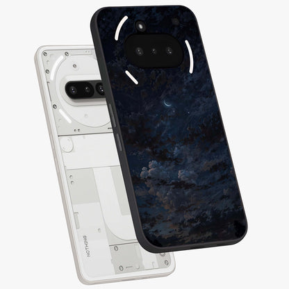 Lunar Veil Silence Glass Case displayed in angled mockup highlighting soft lunar design with peaceful celestial aesthetic.