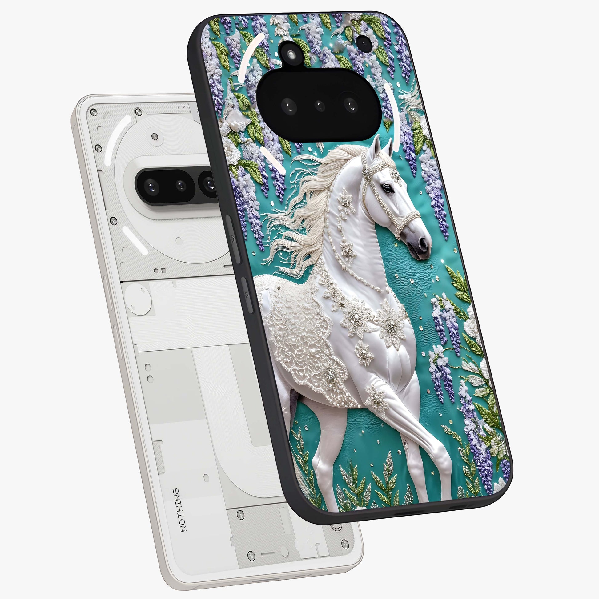 Majestic Floral Stallion Glass Case displayed in angled mockup highlighting majestic stallion illustration with elegant floral aesthetic.