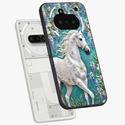 Majestic Floral Stallion Glass Case displayed in angled mockup highlighting majestic stallion illustration with elegant floral aesthetic.