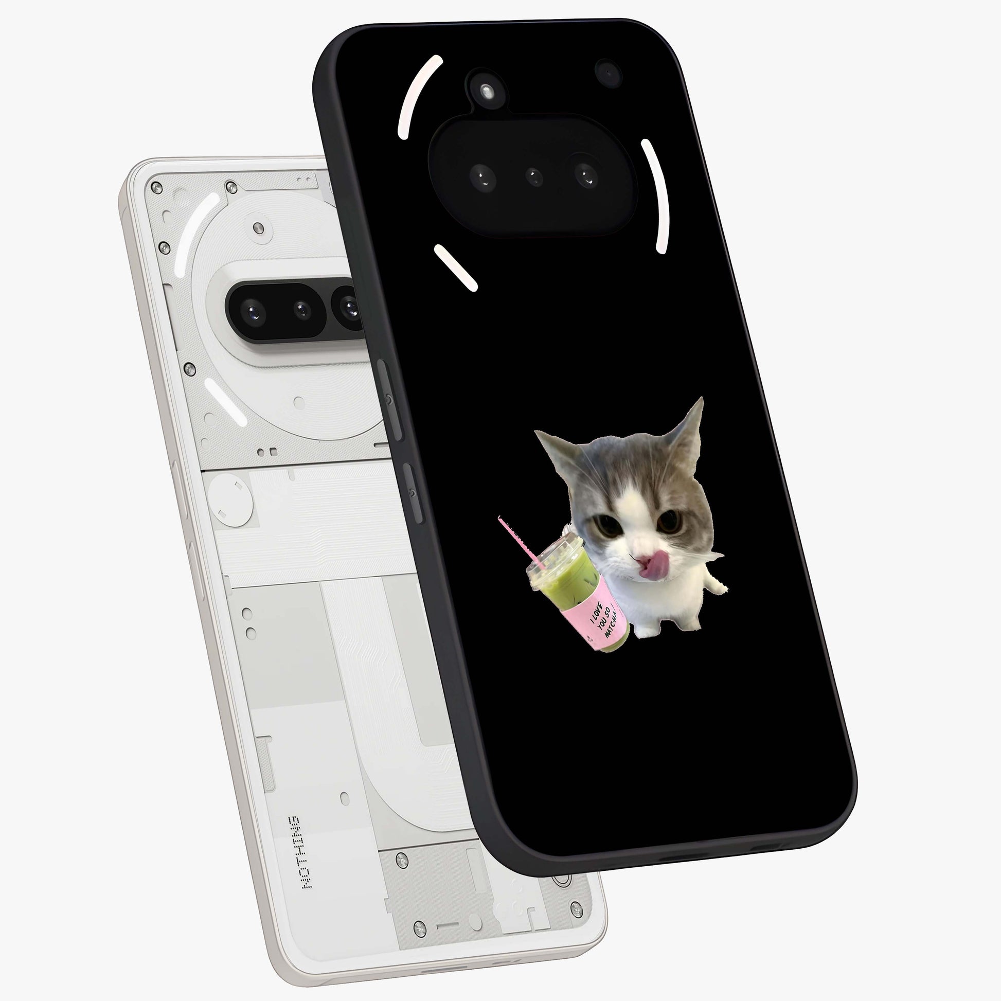 Matcha Cat Style Glass Case displayed in angled mockup highlighting playful feline design with pastel matcha aesthetic.