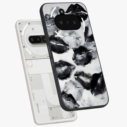 Midnight Kiss Marks Glass Case displayed in angled mockup highlighting playful romantic design with bold midnight aesthetic.