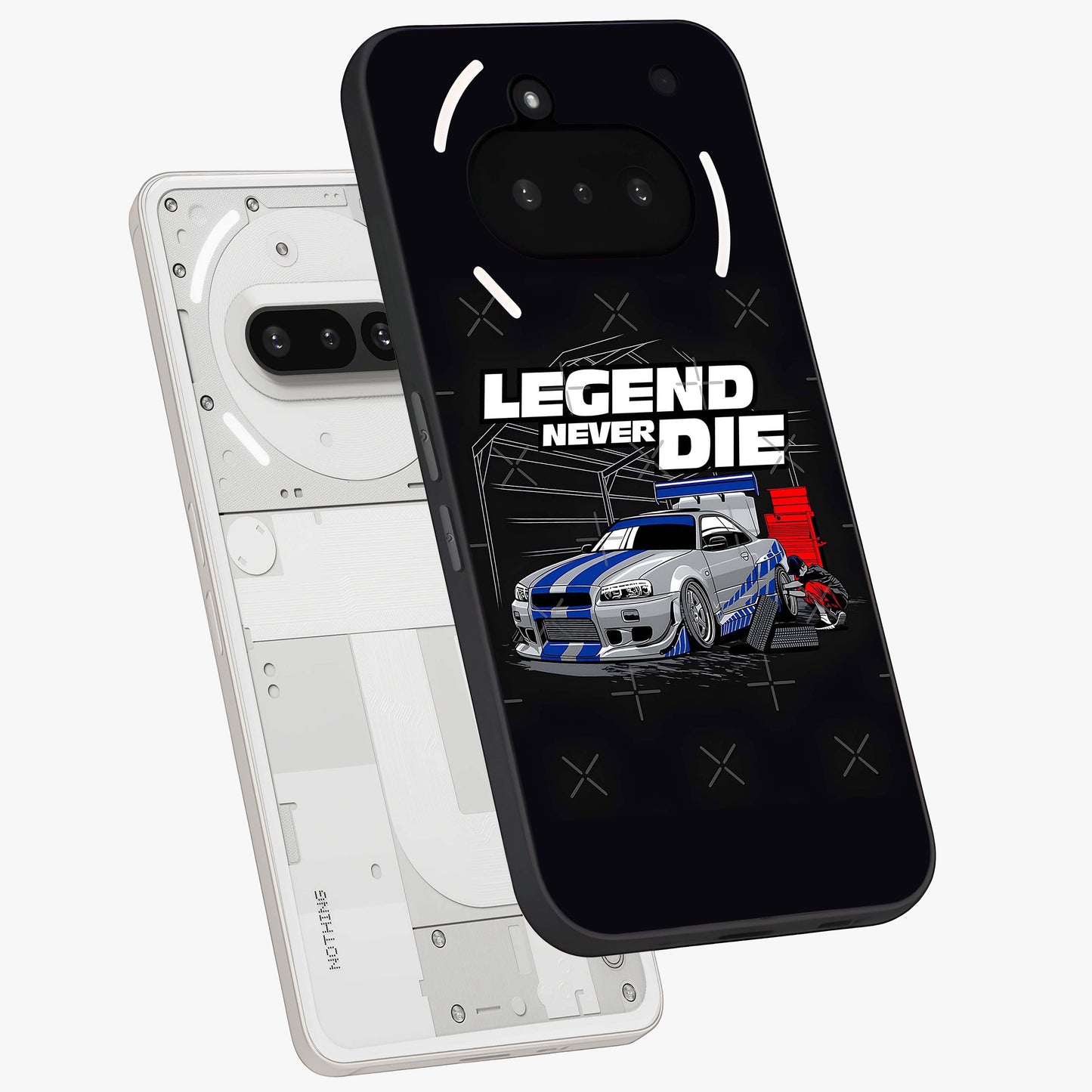 Midnight Racing Legacy Glass Case displayed in angled mockup highlighting dynamic automotive design with bold midnight aesthetic.