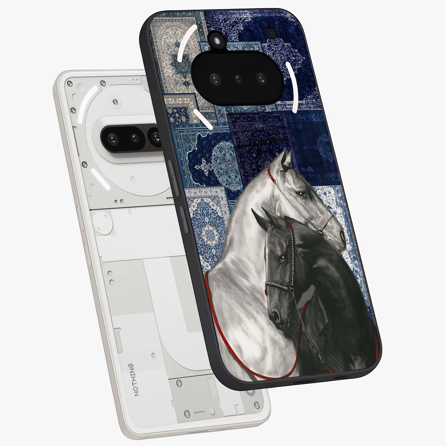 Midnight Stallion Blues Glass Case displayed in angled mockup highlighting powerful stallion illustration with deep midnight tones.