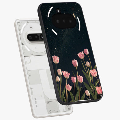 Midnight Tulip Whispers Vibe Glass Case displayed in angled mockup highlighting delicate tulip design with midnight floral aesthetic.