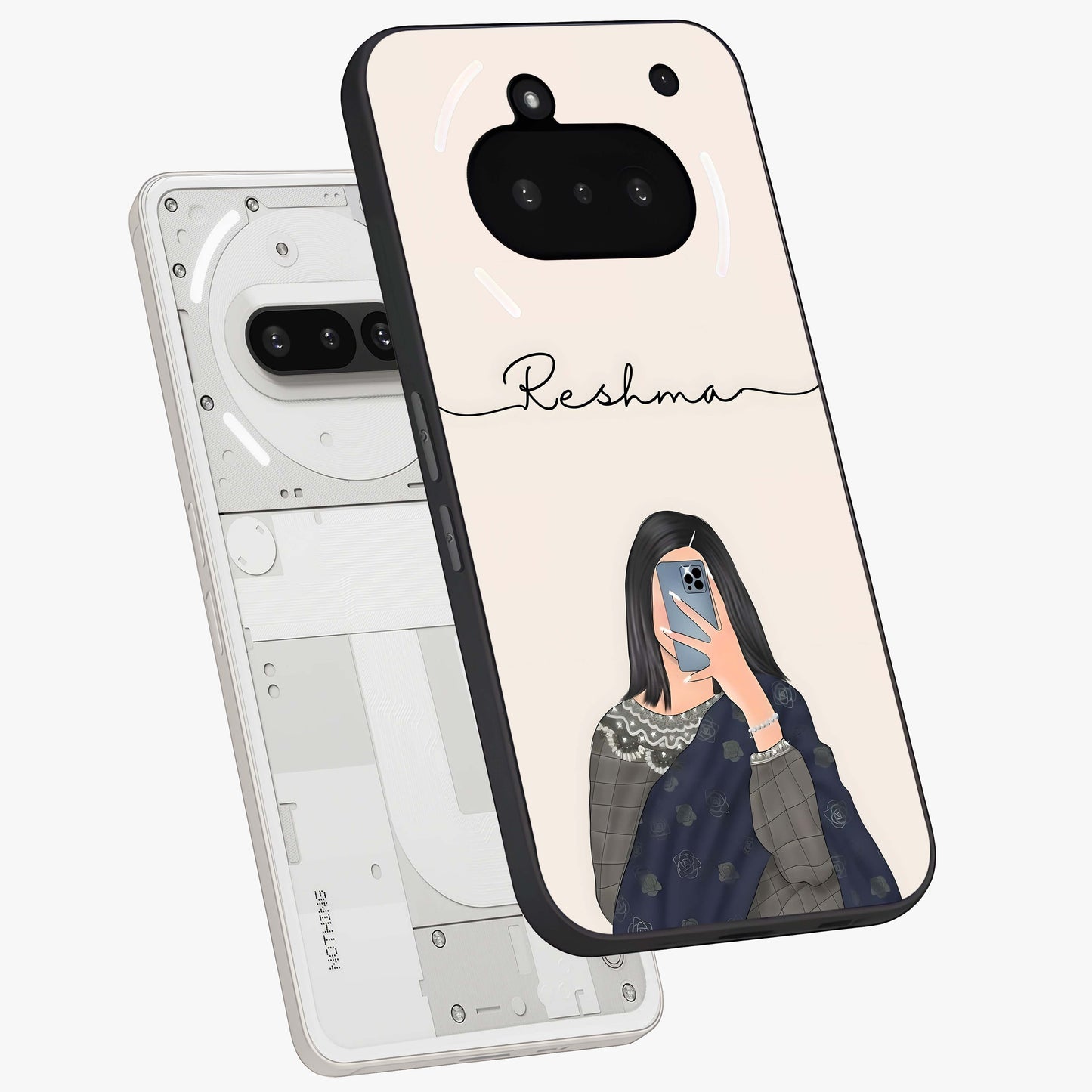 Mirror Mood Muse With Custom Name Glass Case displayed in angled mockup highlighting aesthetic mirror inspired design with custom name feature.