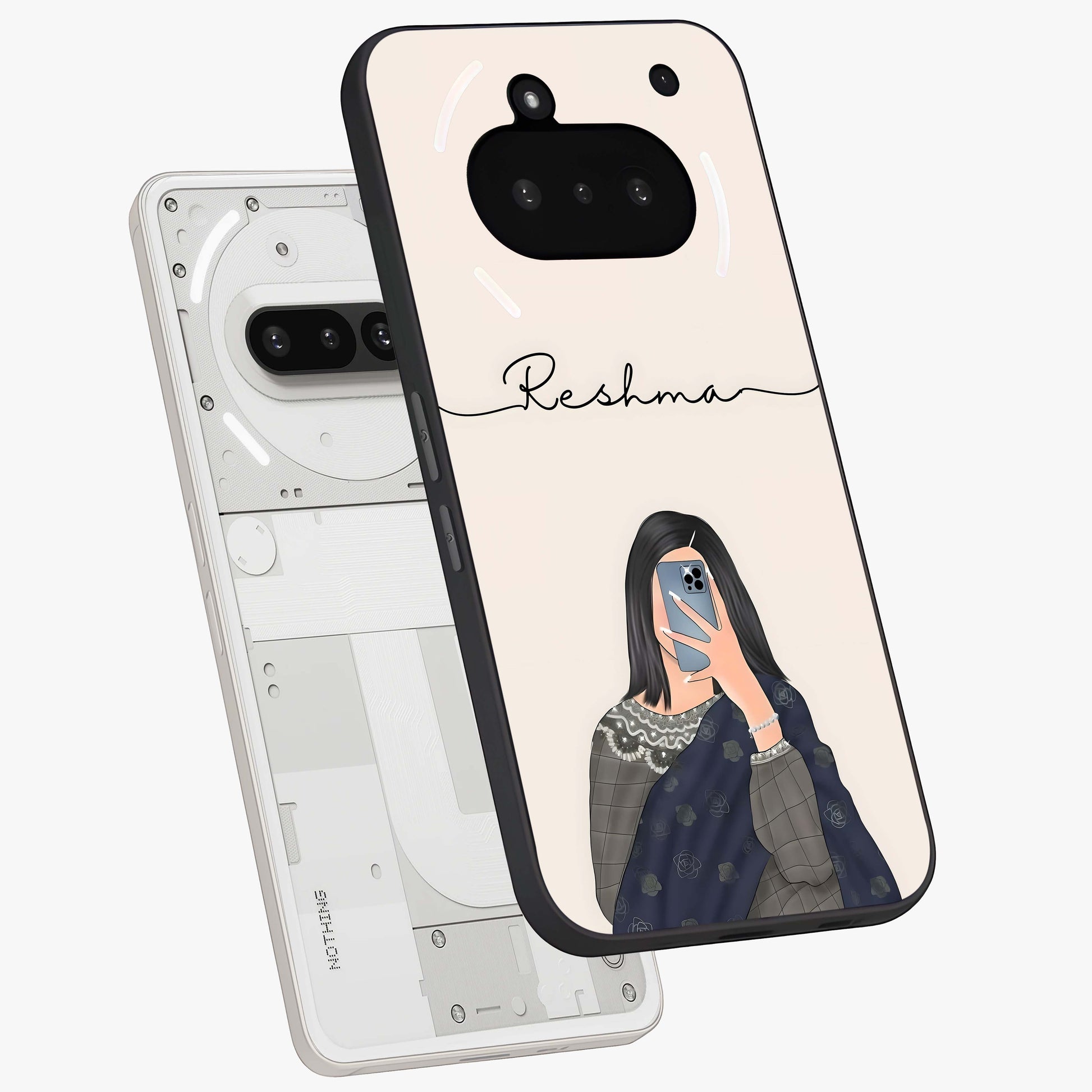 Mirror Mood Muse With Custom Name Glass Case displayed in angled mockup highlighting aesthetic mirror inspired design with custom name feature.