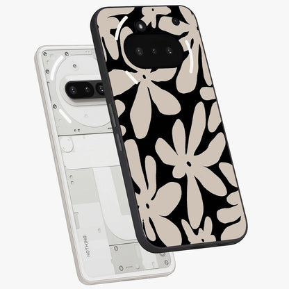 Monochrome Petal Dance Glass Case displayed in angled mockup highlighting elegant petal design with black and white aesthetic.