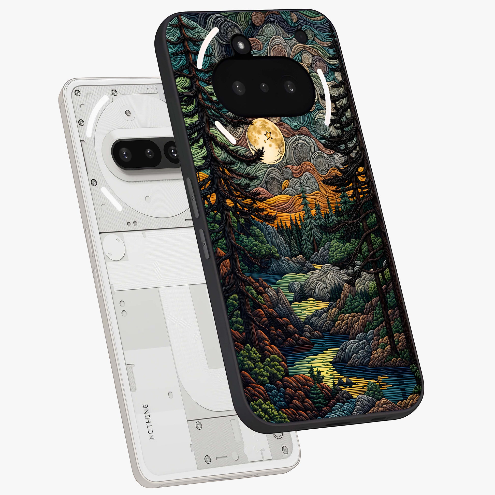 Moonlight Forest Dream Glass Case displayed in angled mockup highlighting dreamy forest design with glowing moon aesthetic.