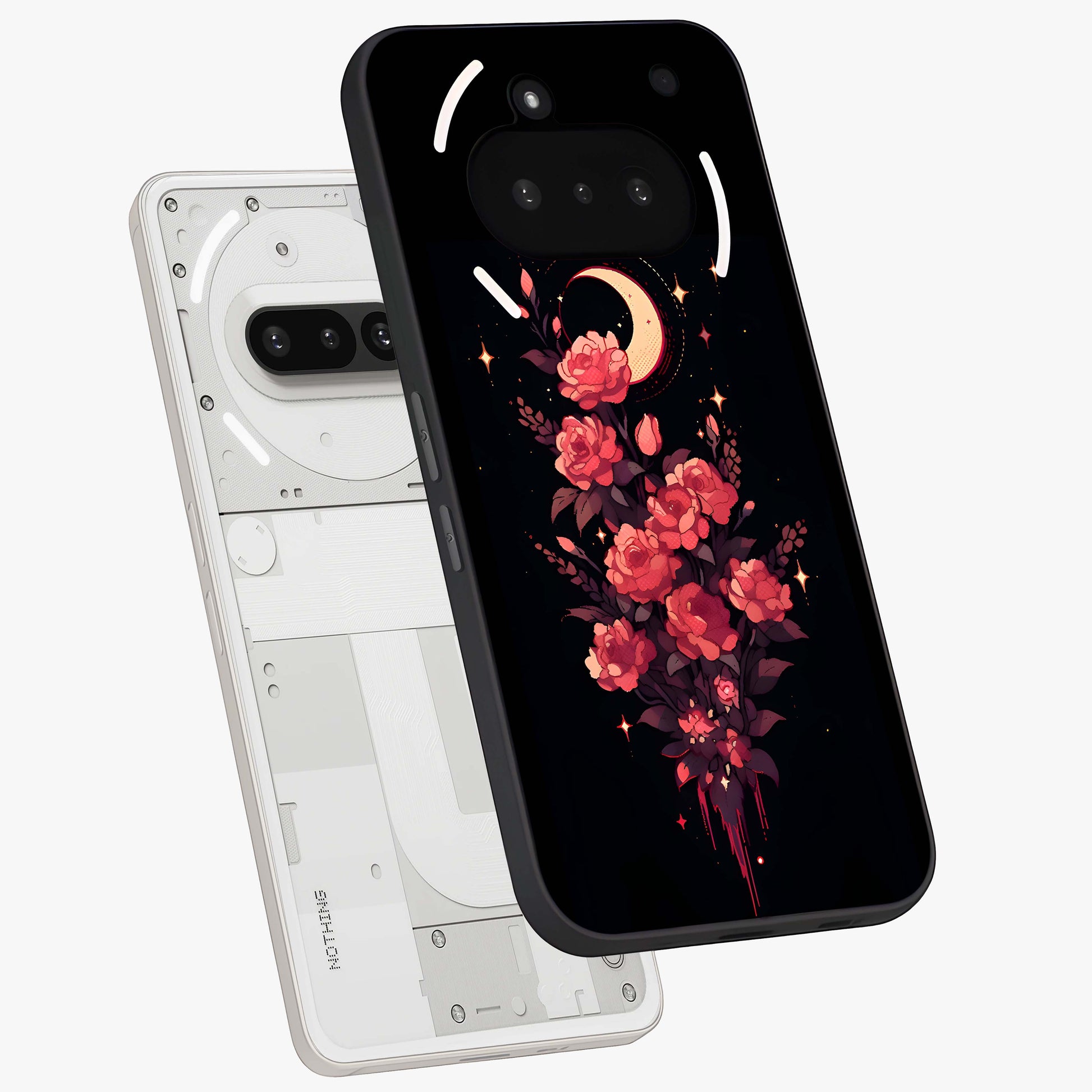 Moonlit Floral Elegance Glass Case displayed in angled mockup highlighting graceful flower design with soft moonlight aesthetic.