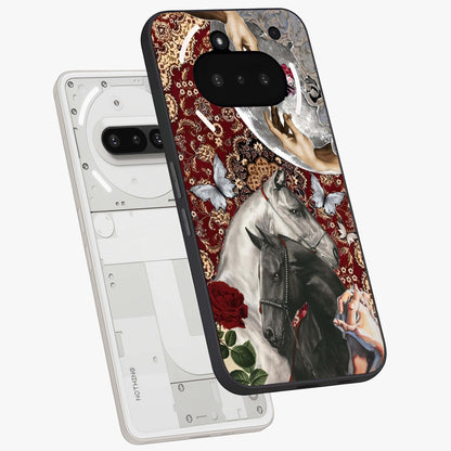 Moonlit Royal Stallion Glass Case displayed in angled mockup highlighting powerful stallion illustration with royal night aesthetic.