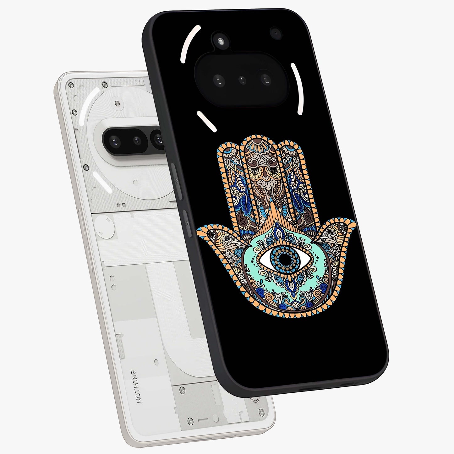 Mystic Hamsa Eye Glass Case displayed in angled mockup highlighting spiritual hamsa symbol with mystical aesthetic style.