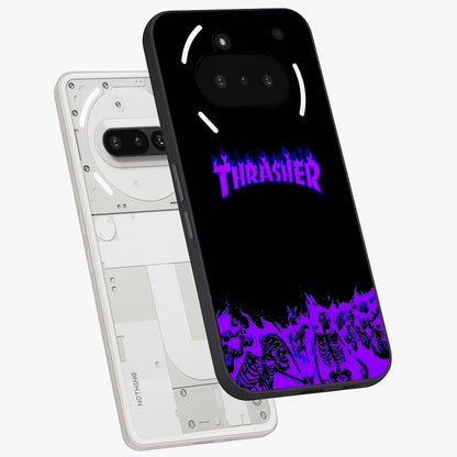 Neon Flame Riot Glass Case displayed in angled mockup highlighting glowing flame design with vibrant neon aesthetic.