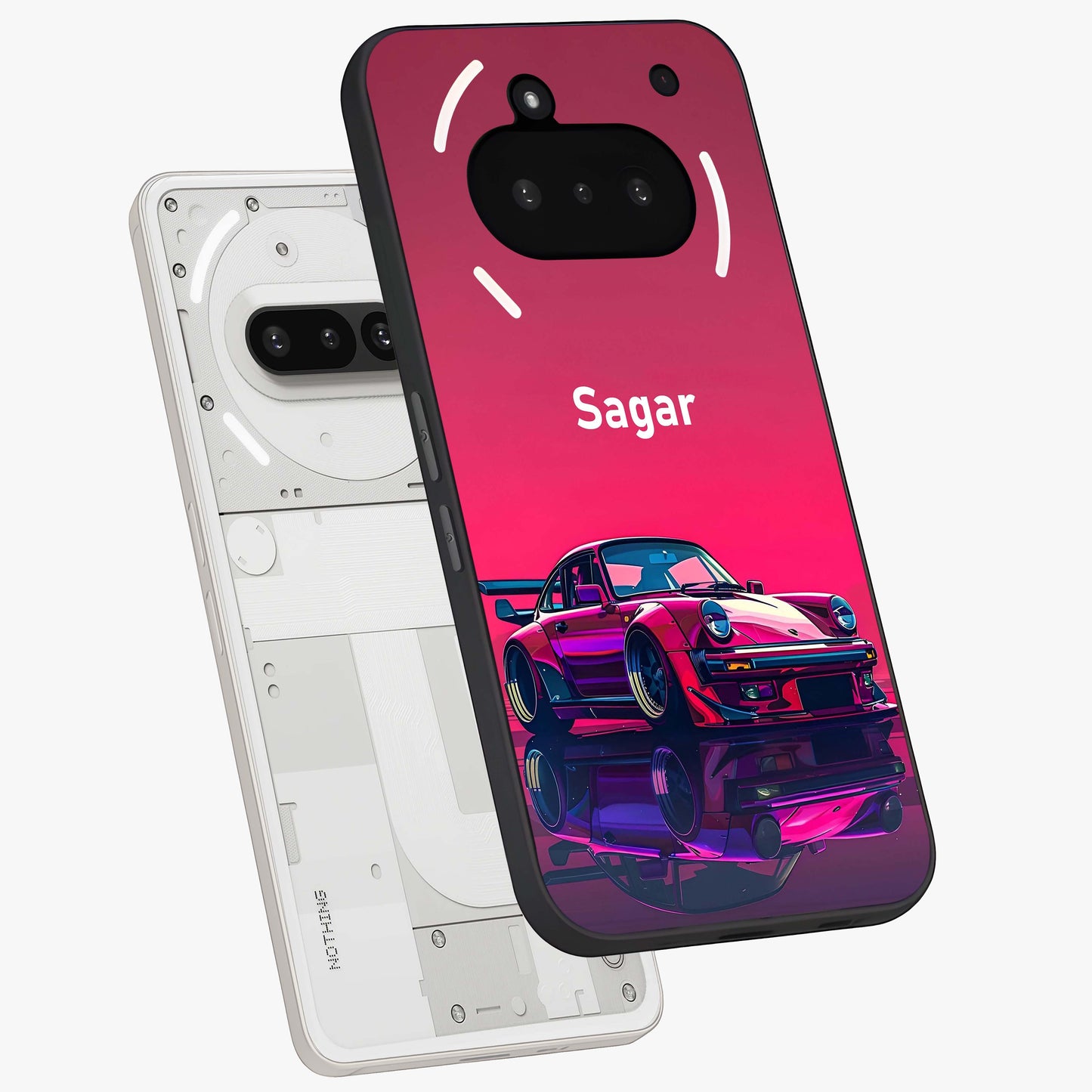 Neon Pink Porsche Glass Case displayed in angled mockup highlighting sleek neon pink car design with racing aesthetic.