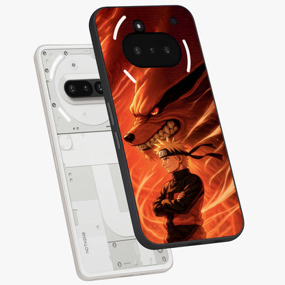 Nine Tails Legacy Glass Case displayed in angled mockup highlighting dynamic anime beast illustration with bold mystical aesthetic.