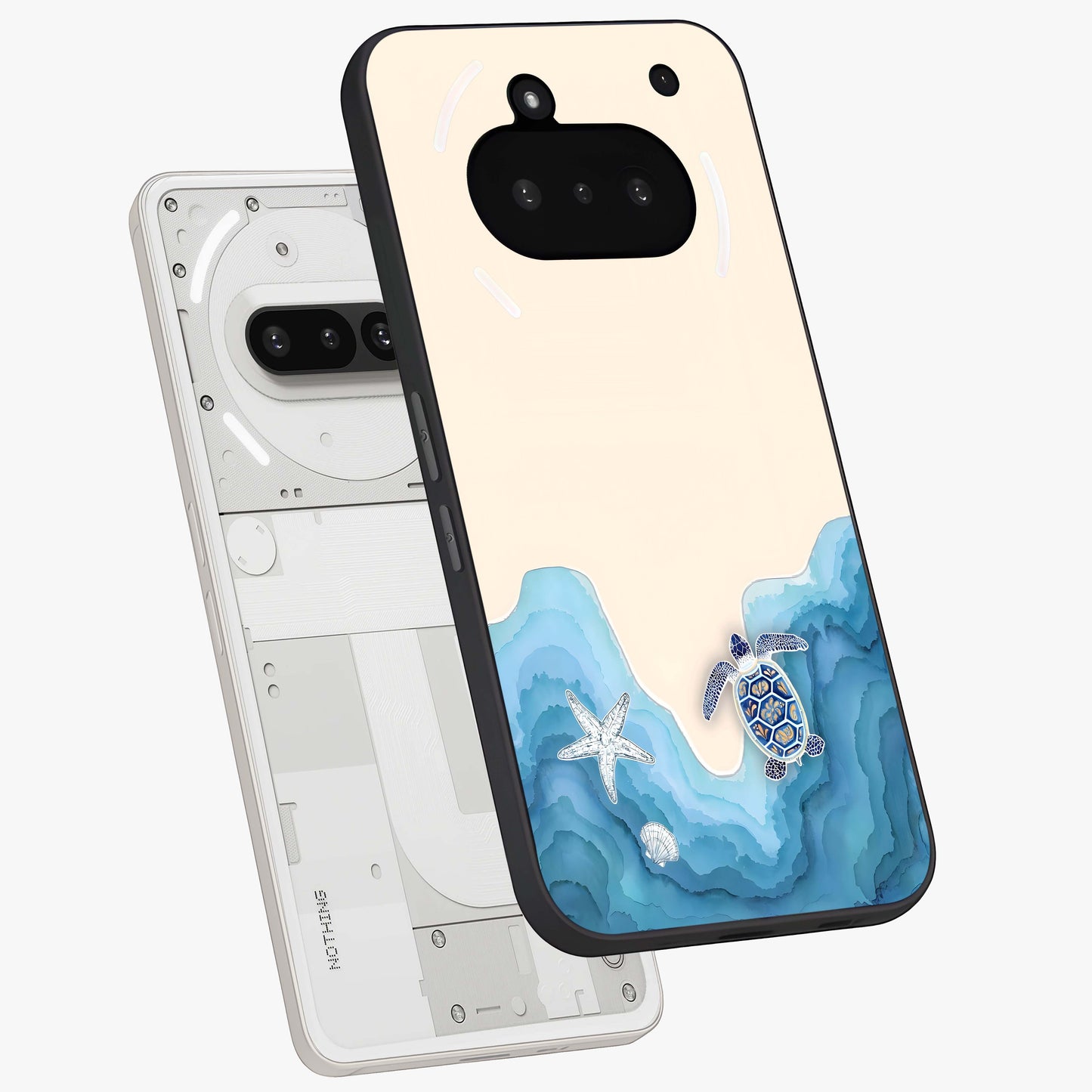 Ocean Drift Turtle Glass Case displayed in angled mockup highlighting peaceful ocean turtle illustration with marine aesthetic.
