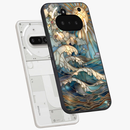 Oceanic Stained Printed Glass Case displayed in angled mockup highlighting colorful aquatic design with artistic aesthetic style.