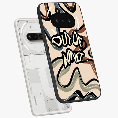 Out Of Mind Glass Case displayed in angled mockup highlighting bold statement design with modern artistic aesthetic.