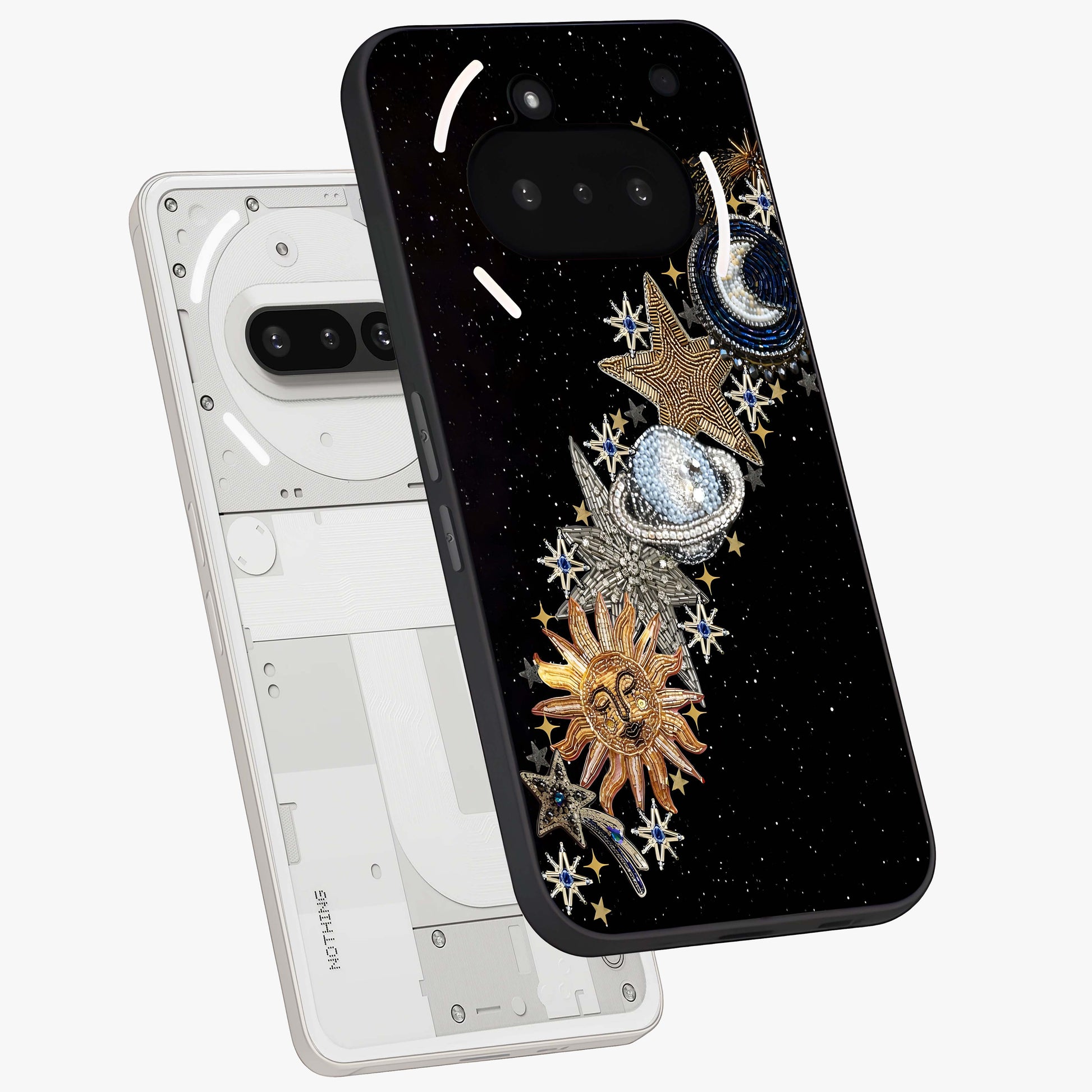 Pearls Universe Object Glass Case displayed in angled mockup highlighting celestial pearl design with dreamy aesthetic.