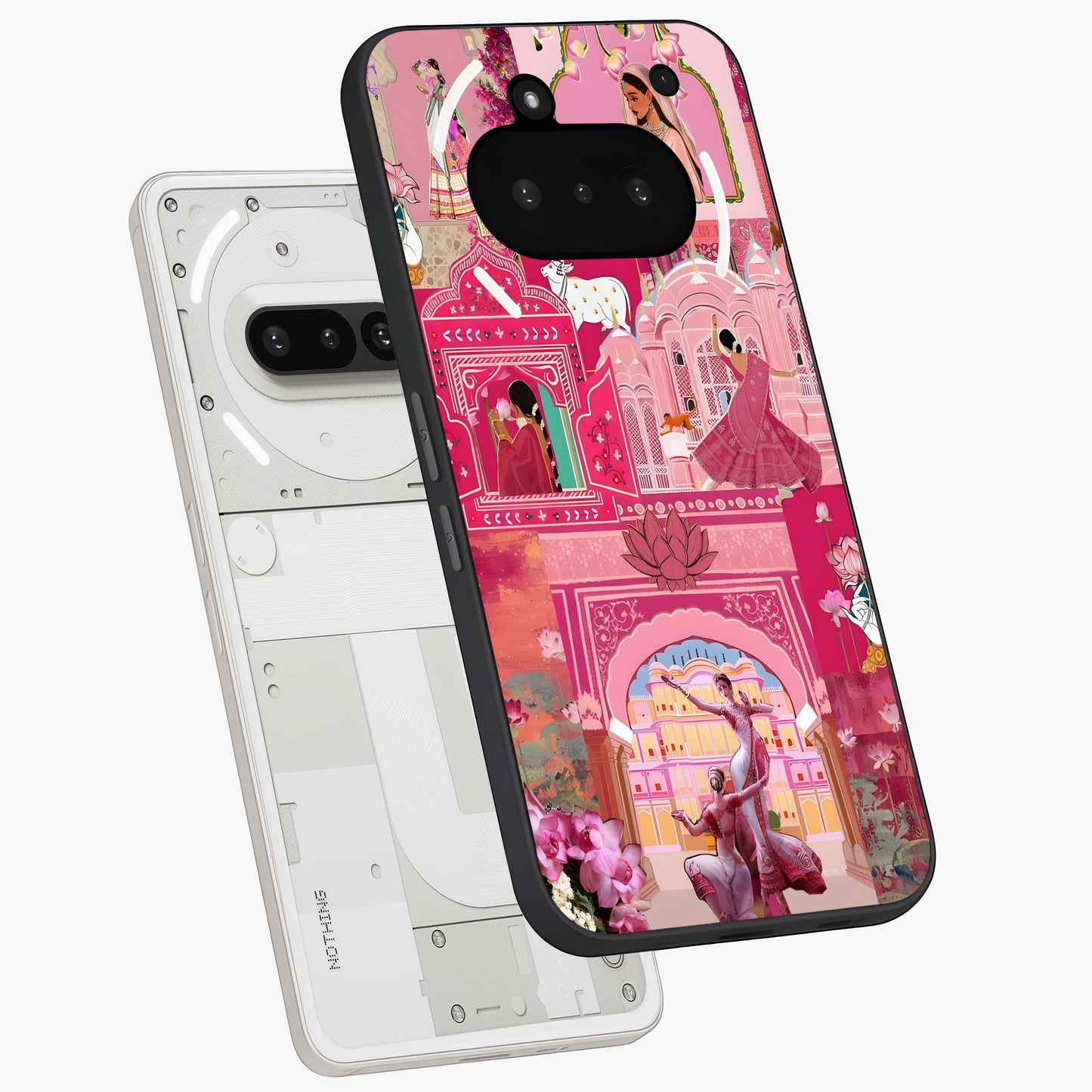 Pink Palace Muse Glass Case displayed in angled mockup highlighting dreamy palace illustration with soft pink aesthetic.