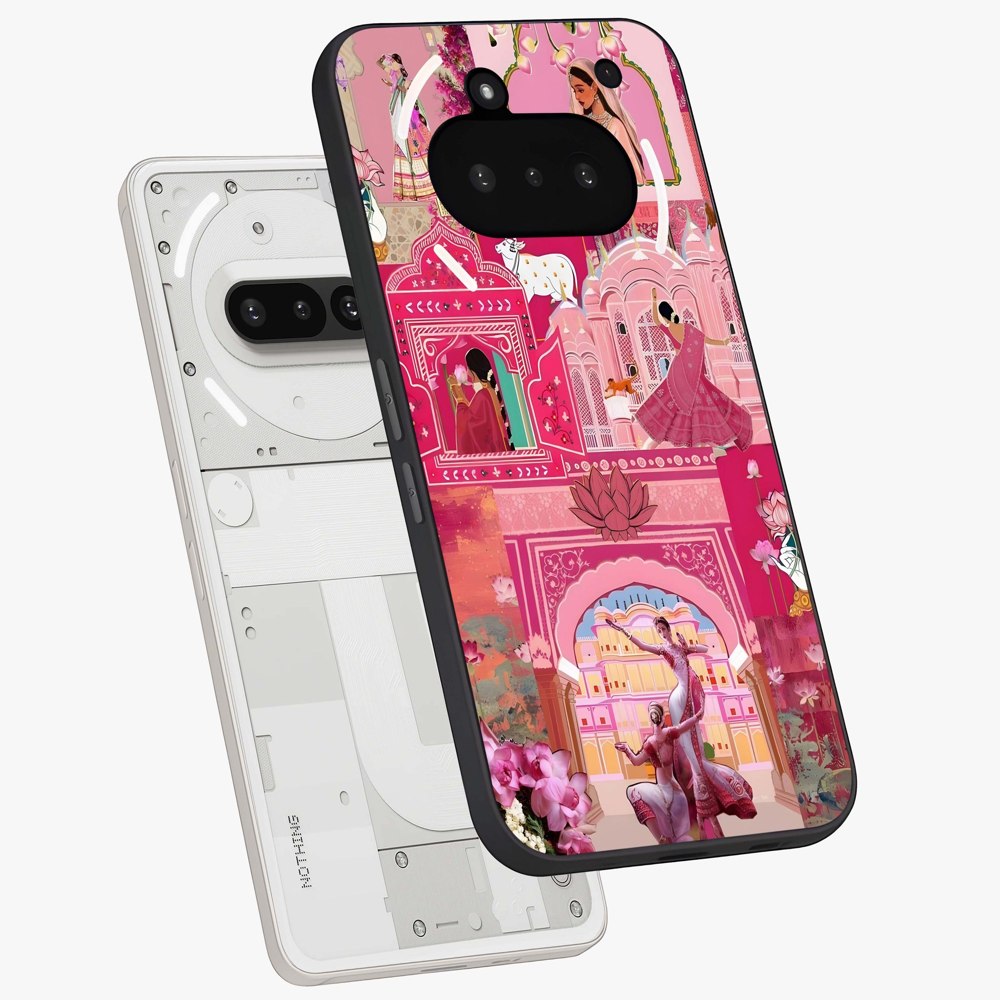 Pink Palace Muse Glass Case displayed in angled mockup highlighting dreamy palace illustration with soft pink aesthetic.
