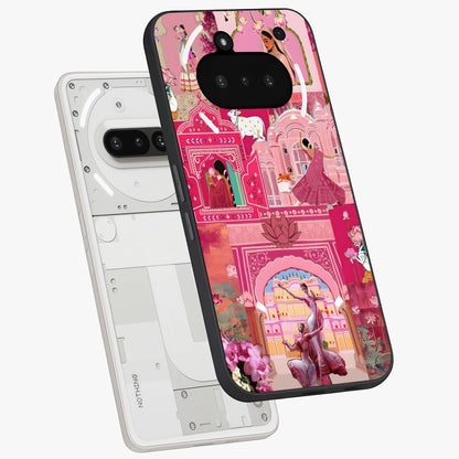 Pink Palace Muse Glass Case displayed in angled mockup highlighting dreamy palace illustration with soft pink aesthetic.