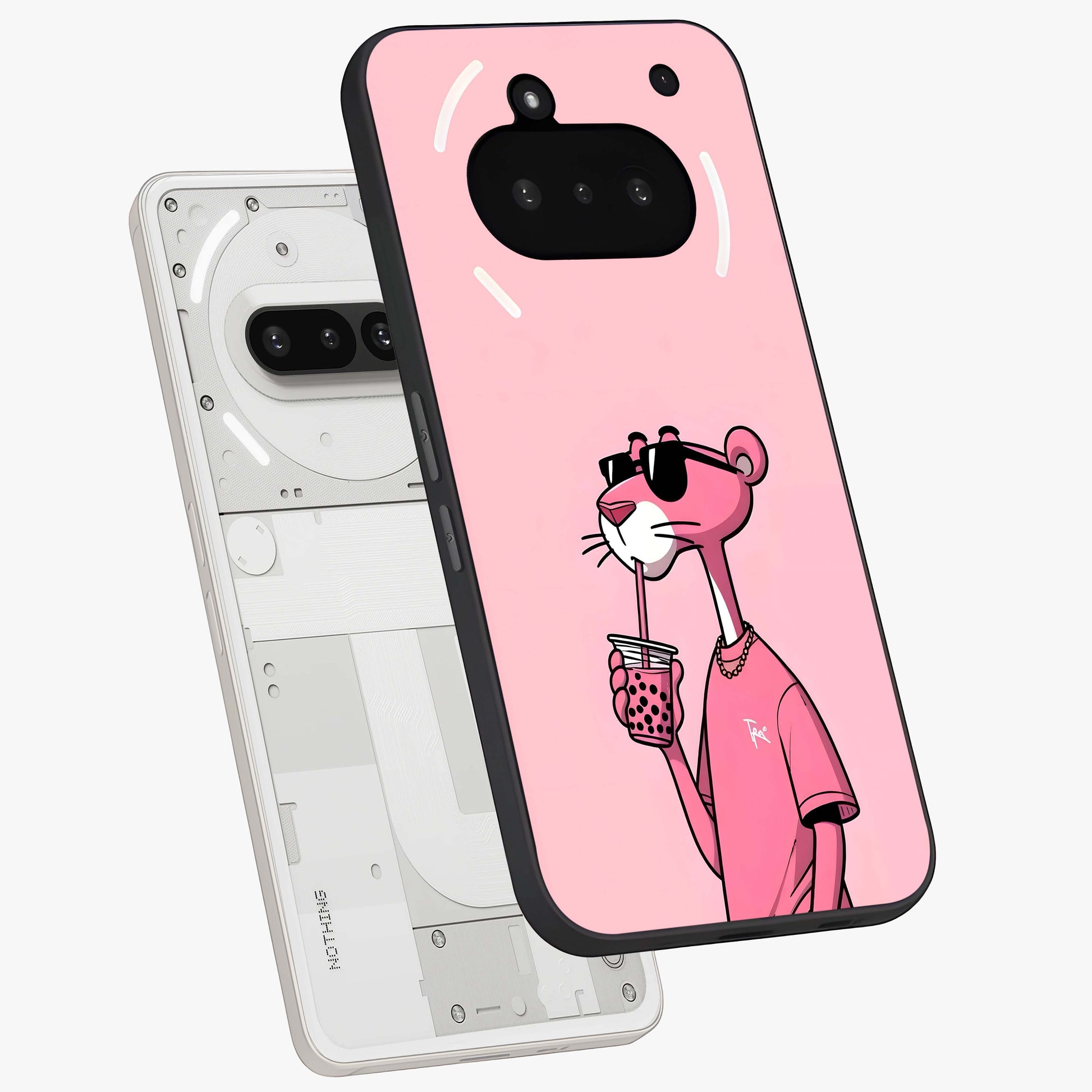 Pink Panther Glass Case displayed in angled mockup highlighting playful cartoon character design with vibrant pink aesthetic.