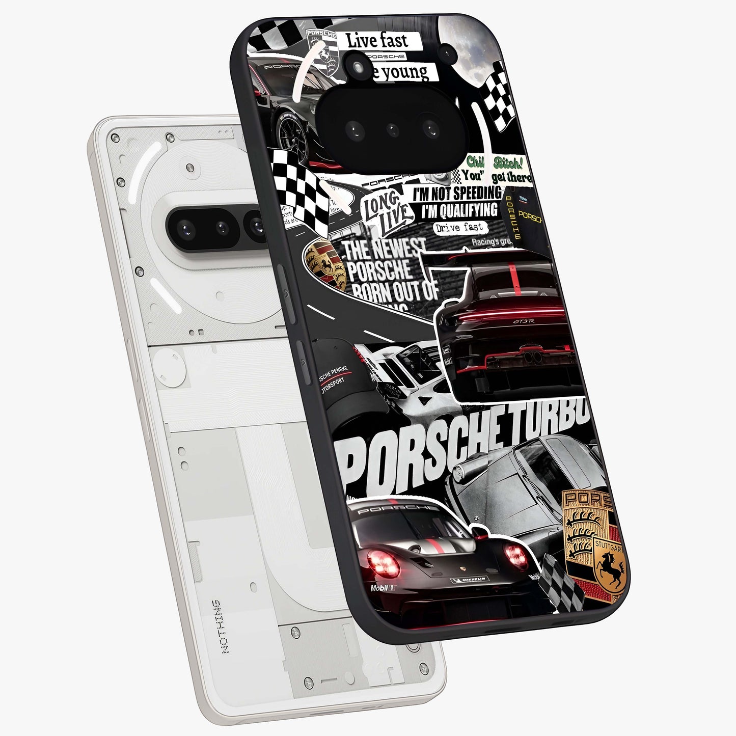 Porsche Racing Collage Glass Case displayed in angled mockup highlighting dynamic automotive design with bold racing aesthetic.