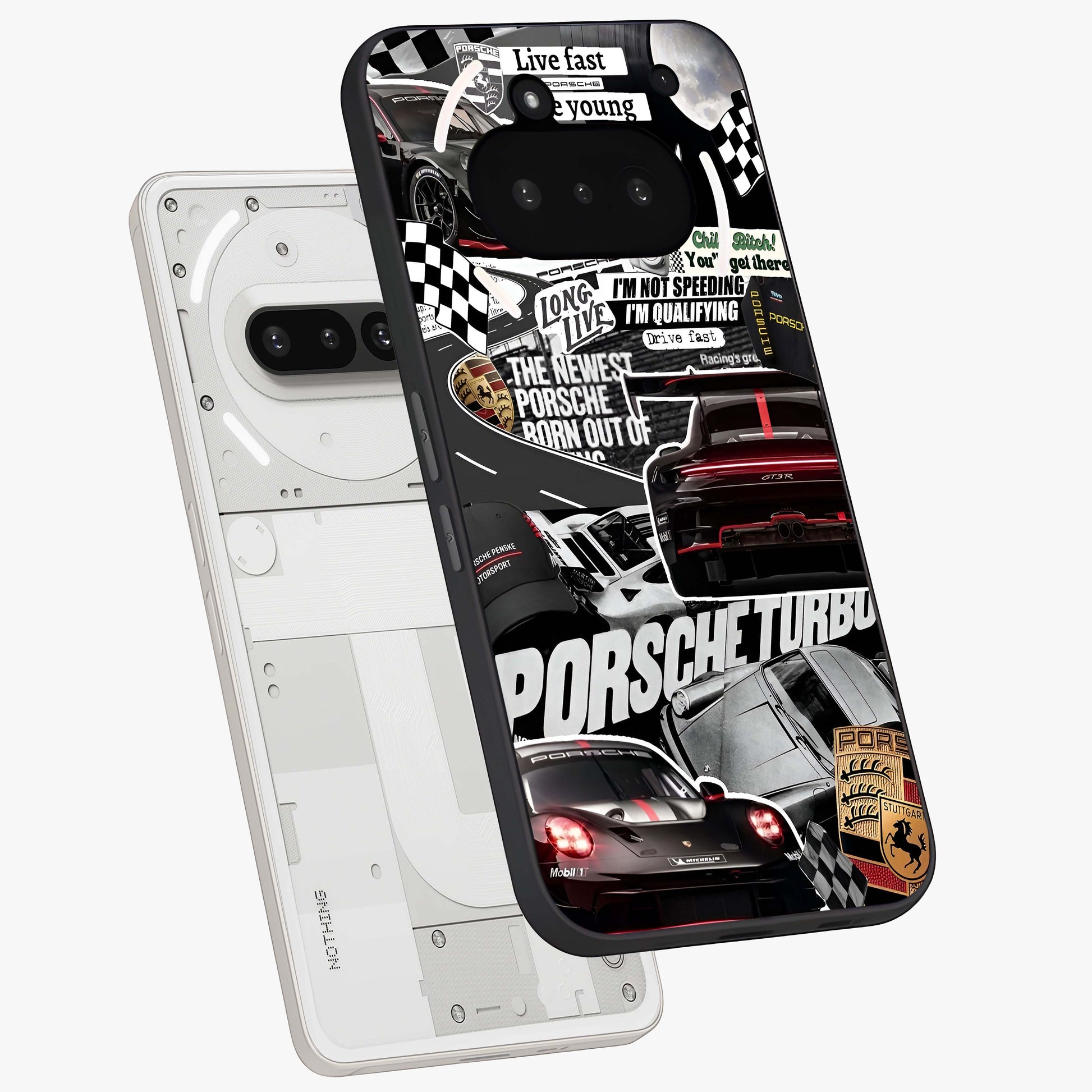Porsche Racing Collage Glass Case displayed in angled mockup highlighting dynamic automotive design with bold racing aesthetic.